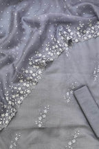 Grey Banarasi Cotton Kota Silk Three Piece Unstitched Suit Set With Embroidered Organza Silk Dupatta - Luxurion World