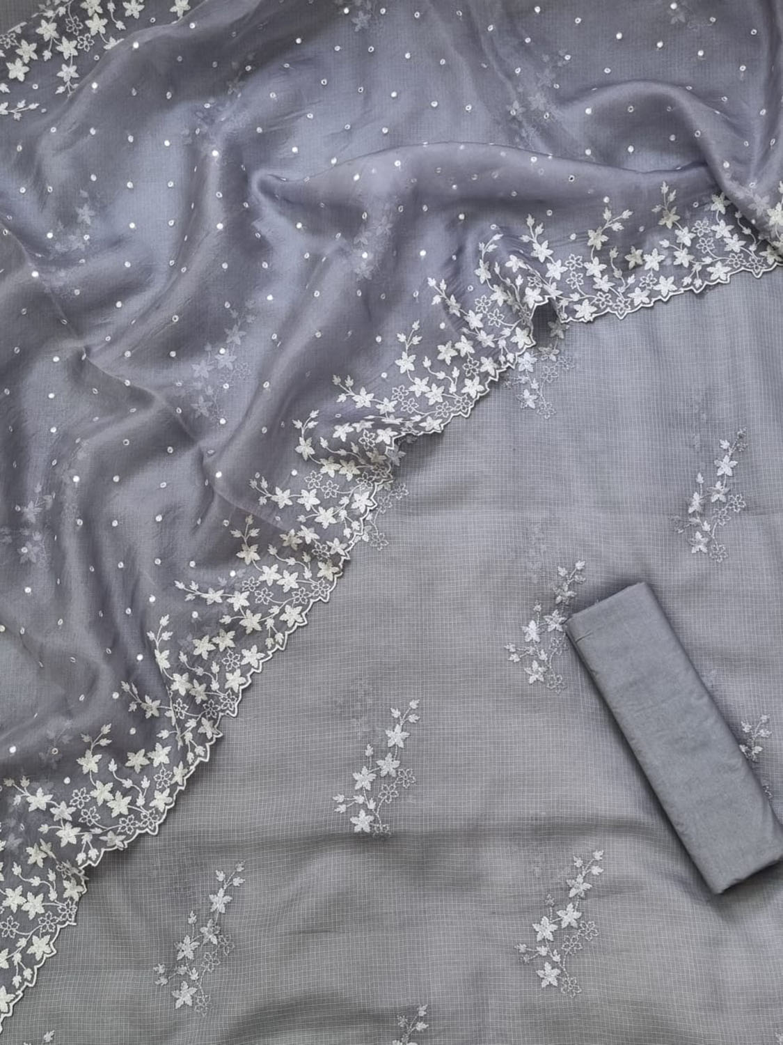 Grey Banarasi Cotton Kota Silk Three Piece Unstitched Suit Set With Embroidered Organza Silk Dupatta - Luxurion World