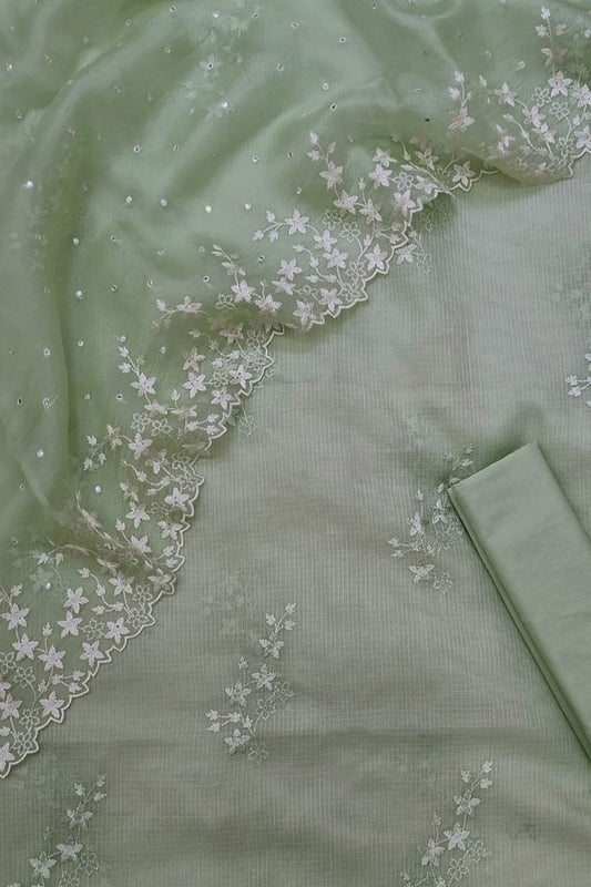 Green Banarasi Cotton Kota Silk Three Piece Unstitched Suit Set With Embroidered Organza Silk Dupatta - Luxurion World