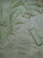 Green Banarasi Cotton Kota Silk Three Piece Unstitched Suit Set With Embroidered Organza Silk Dupatta - Luxurion World