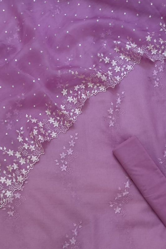 Purple Banarasi Cotton Kota Silk Three Piece Unstitched Suit Set With Embroidered Organza Silk Dupatta - Luxurion World