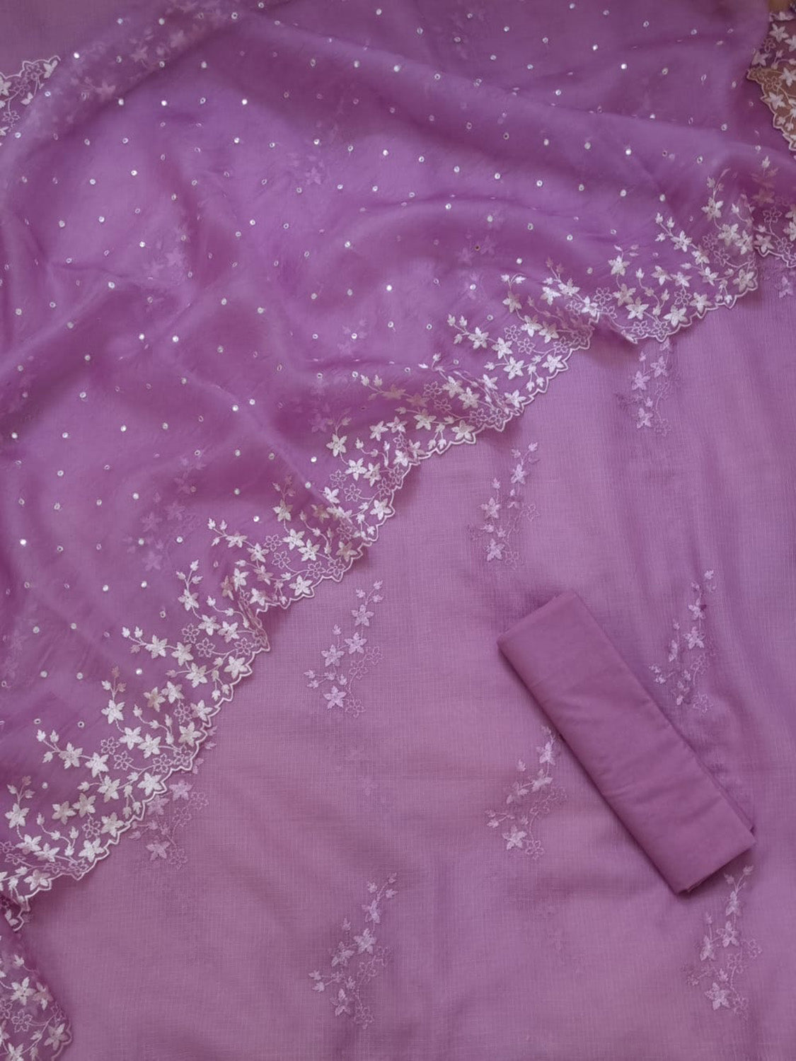 Purple Banarasi Cotton Kota Silk Three Piece Unstitched Suit Set With Embroidered Organza Silk Dupatta - Luxurion World
