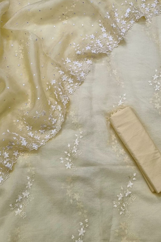 Yellow Banarasi Cotton Kota Silk Three Piece Unstitched Suit Set With Embroidered Organza Silk Dupatta - Luxurion World