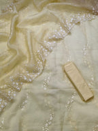 Yellow Banarasi Cotton Kota Silk Three Piece Unstitched Suit Set With Embroidered Organza Silk Dupatta - Luxurion World