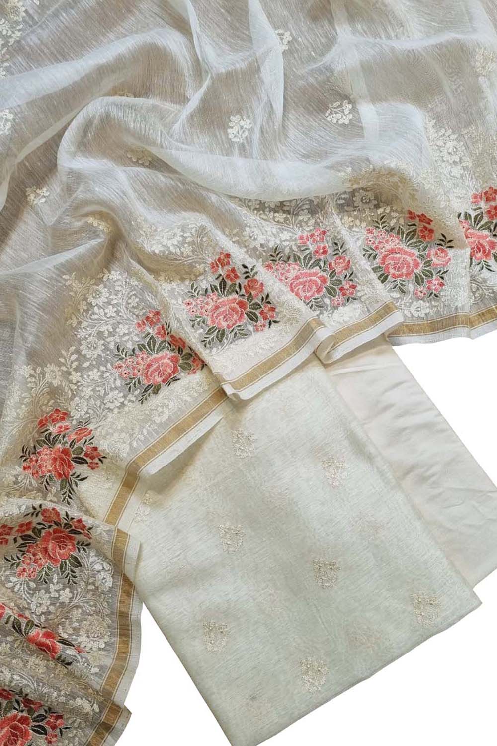 Off White Embroidered Banarasi Linen Silk Three Piece Unstitched Suit Set - Luxurion World