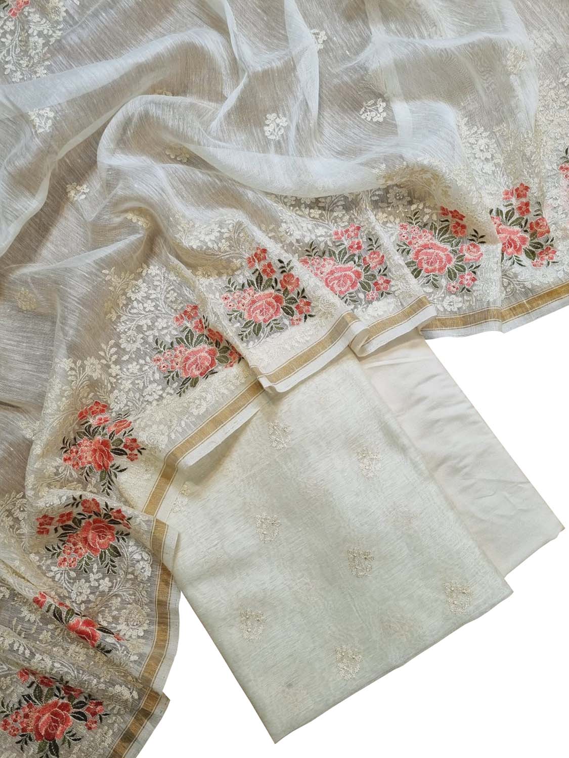 Off White Embroidered Banarasi Linen Silk Three Piece Unstitched Suit Set - Luxurion World