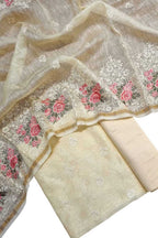 Pastel Embroidered Banarasi Linen Silk Three Piece Unstitched Suit Set - Luxurion World