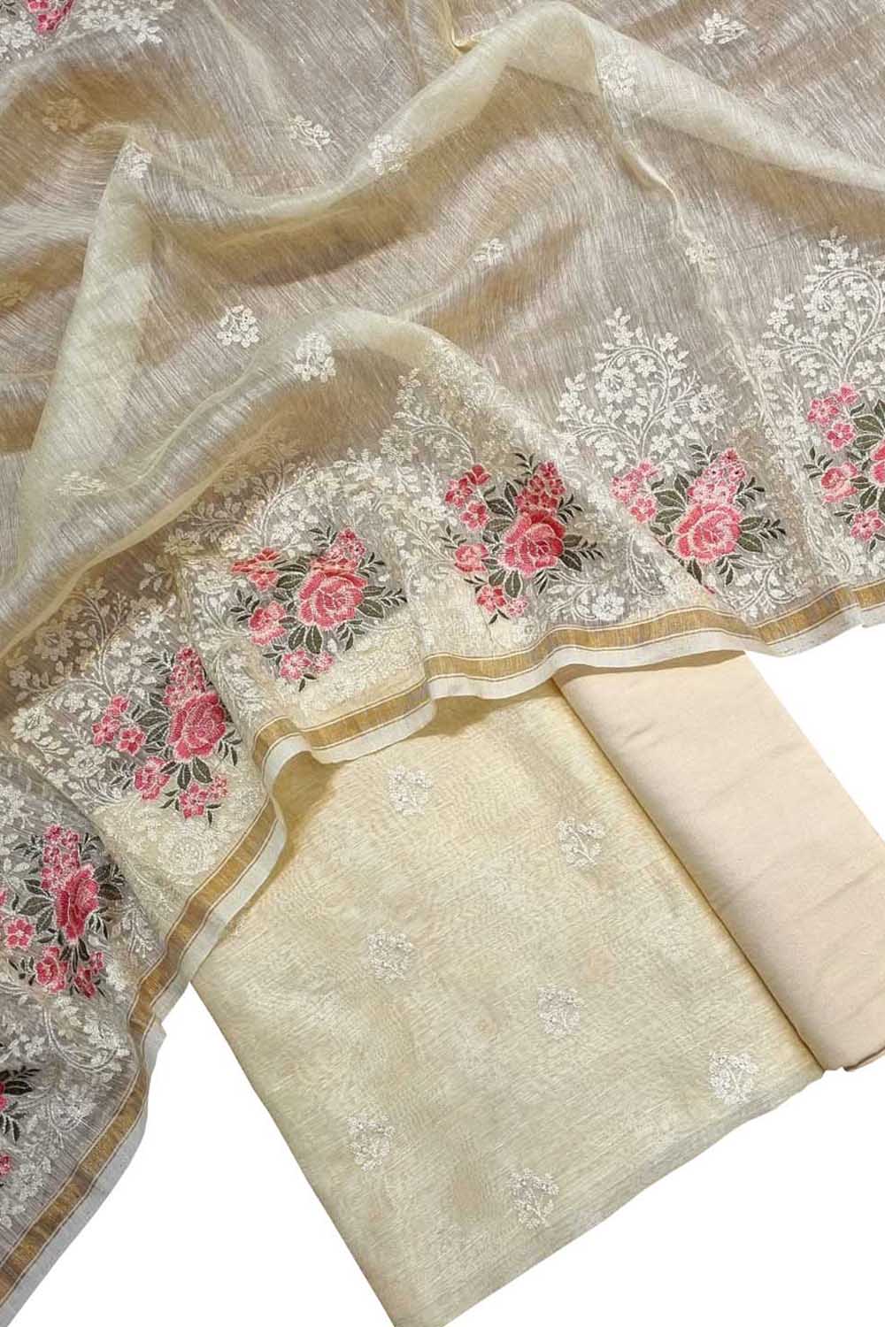 Pastel Embroidered Banarasi Linen Silk Three Piece Unstitched Suit Set - Luxurion World