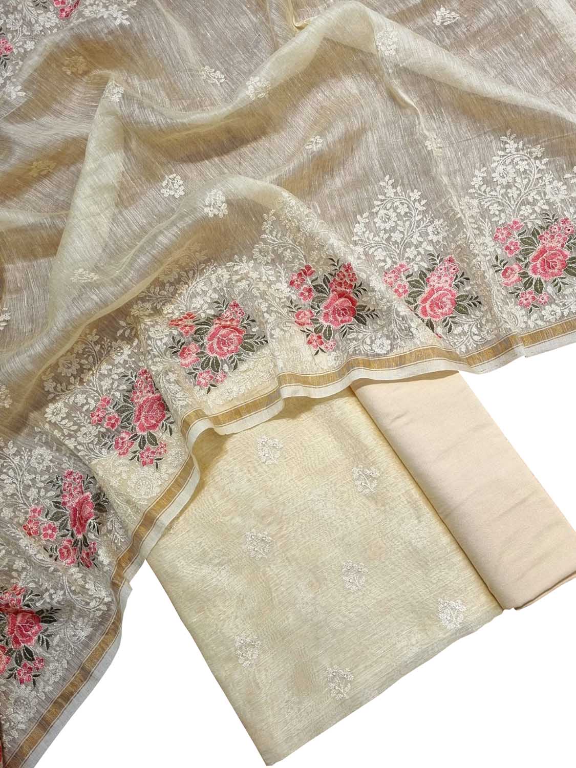 Pastel Embroidered Banarasi Linen Silk Three Piece Unstitched Suit Set - Luxurion World