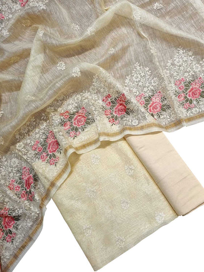 Pastel Embroidered Banarasi Linen Silk Three Piece Unstitched Suit Set - Luxurion World