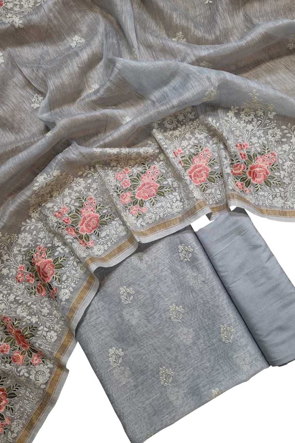 Grey Embroidered Banarasi Linen Silk Three Piece Unstitched Suit Set