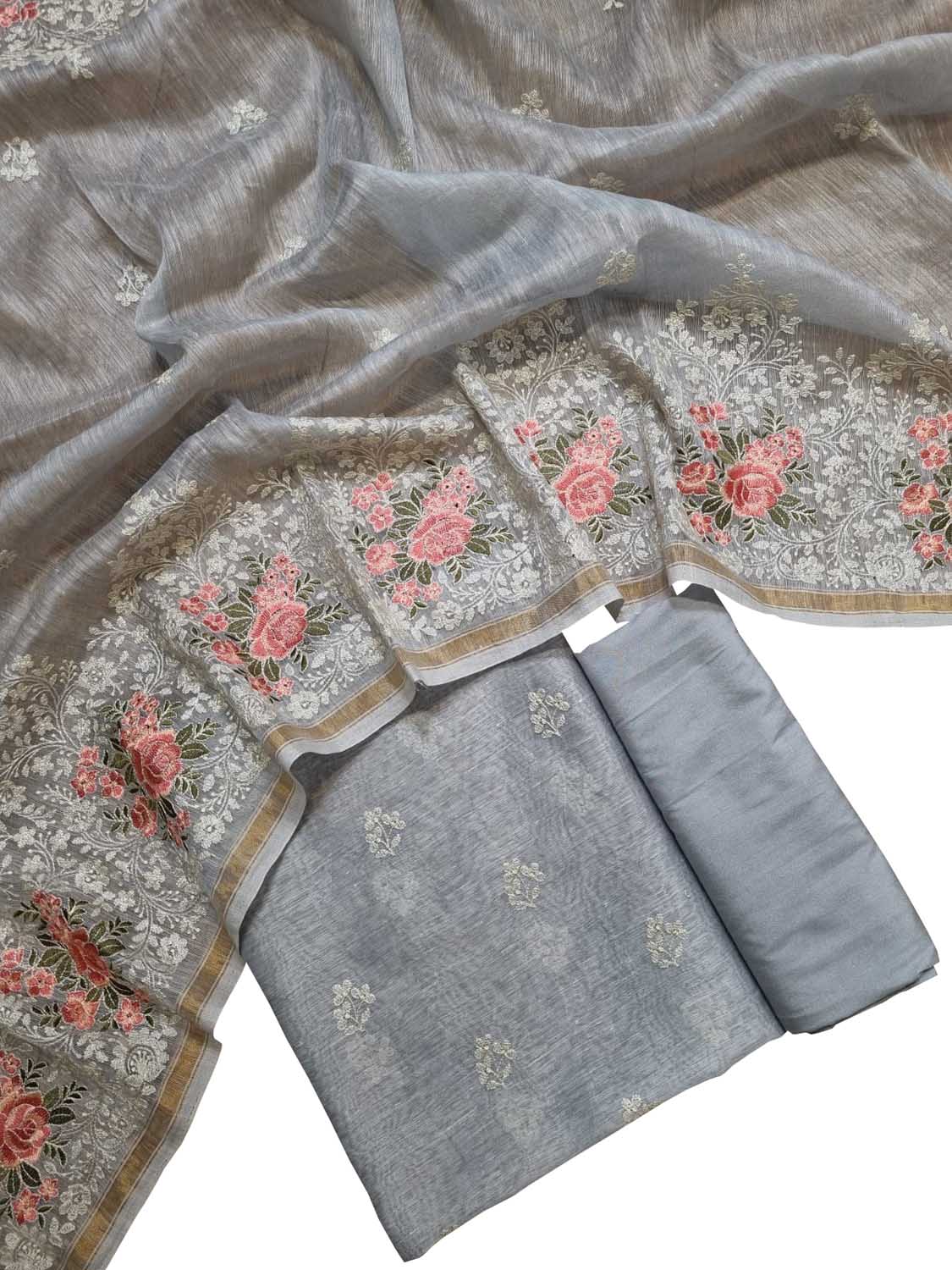 Grey Embroidered Banarasi Linen Silk Three Piece Unstitched Suit Set - Luxurion World