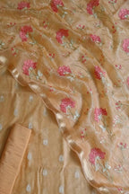 Orange Banarasi Chanderi Silk Three Piece Unstitched Suit Set With Organza Dupatta - Luxurion World