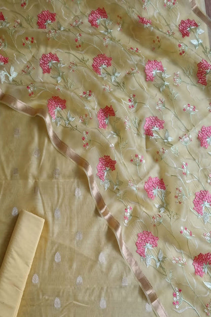 Yellow Banarasi Chanderi Silk Three Piece Unstitched Suit Set With Organza Dupatta