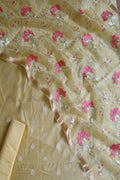 Yellow Banarasi Chanderi Silk Three Piece Unstitched Suit Set With Organza Dupatta - Luxurion World