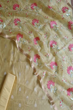 Yellow Banarasi Chanderi Silk Three Piece Unstitched Suit Set With Organza Dupatta - Luxurion World