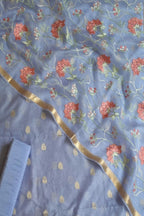 Blue Banarasi Chanderi Silk Three Piece Unstitched Suit Set With Organza Dupatta - Luxurion World