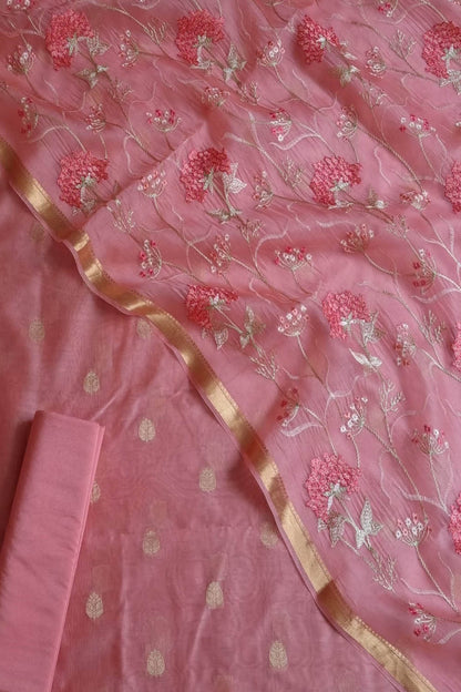 Pink Banarasi Chanderi Silk Three Piece Unstitched Suit Set With Organza Dupatta