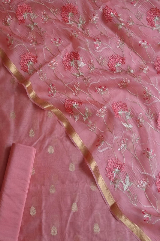 Pink Banarasi Chanderi Silk Three Piece Unstitched Suit Set With Organza Dupatta - Luxurion World