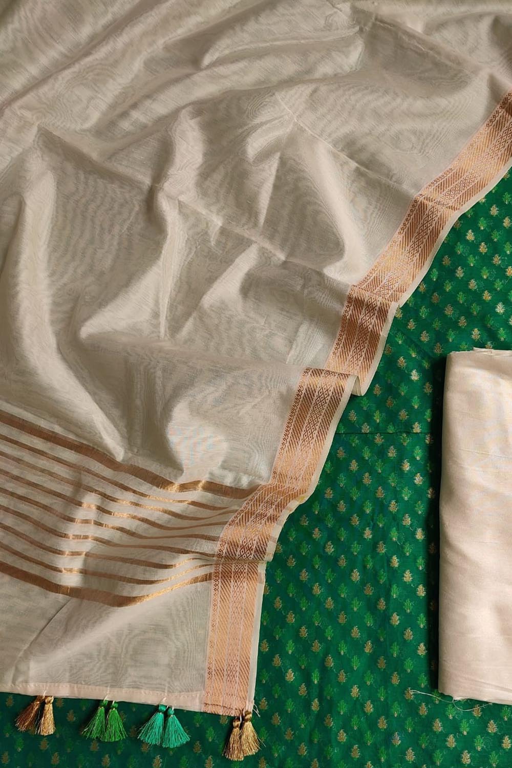 Green And Pastel Banarasi Chanderi Silk Three Piece Unstitched Suit Set