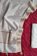 Pink And Off White Banarasi Chanderi Silk Three Piece Unstitched Suit Set - Luxurion World