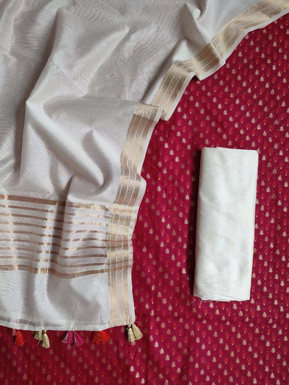 Pink And Off White Banarasi Chanderi Silk Three Piece Unstitched Suit Set - Luxurion World