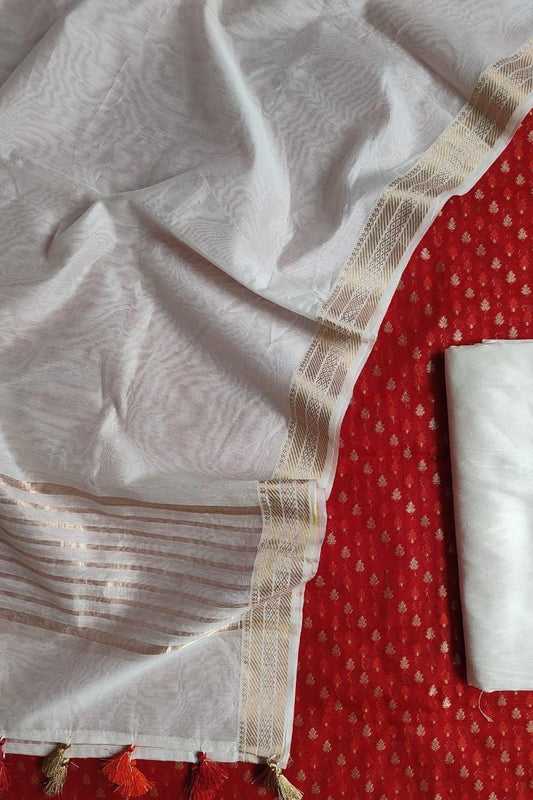 Red And Off White Banarasi Chanderi Silk Three Piece Unstitched Suit Set - Luxurion World