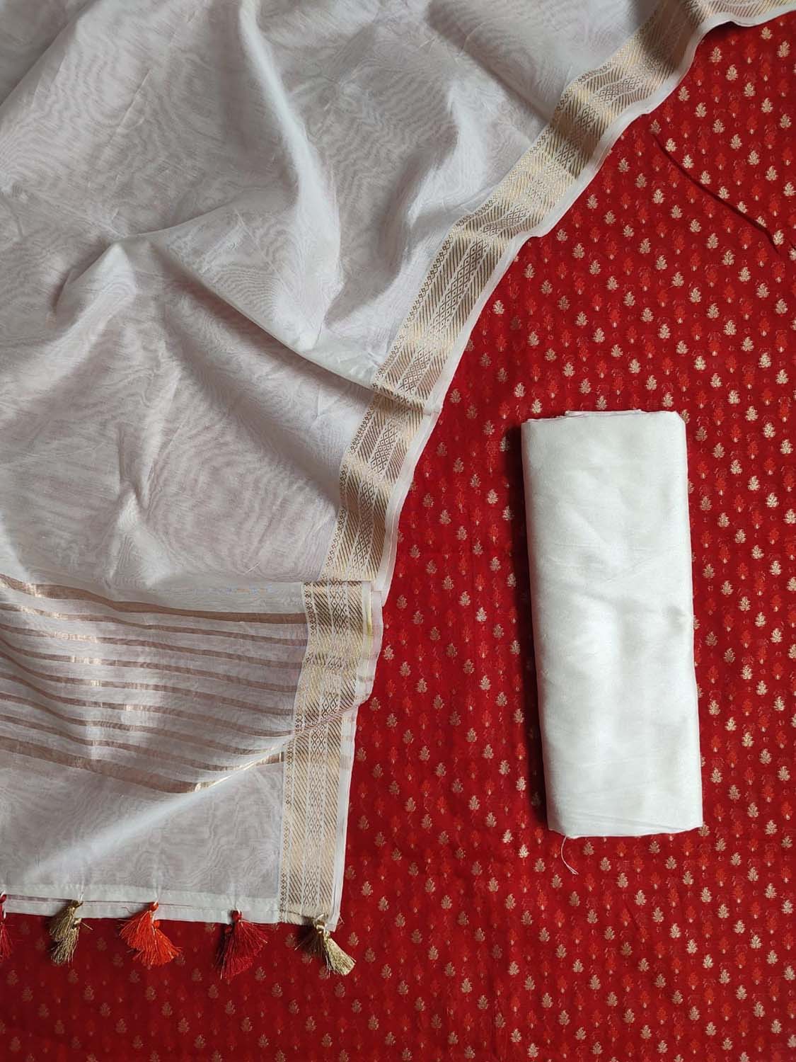 Red And Off White Banarasi Chanderi Silk Three Piece Unstitched Suit Set - Luxurion World