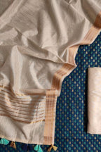 Blue And Pastel Banarasi Chanderi Silk Three Piece Unstitched Suit Set - Luxurion World