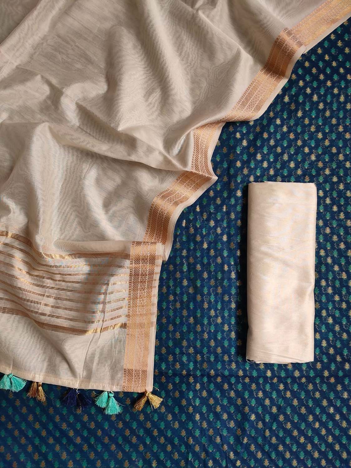 Blue And Pastel Banarasi Chanderi Silk Three Piece Unstitched Suit Set - Luxurion World