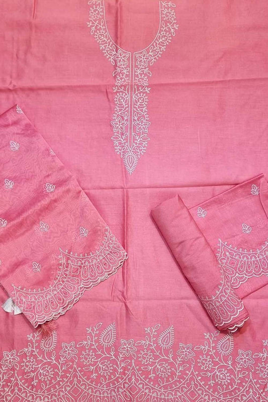 Shop Pink Banarasi Embroidered Chanderi Silk Suit Set - Unstitched