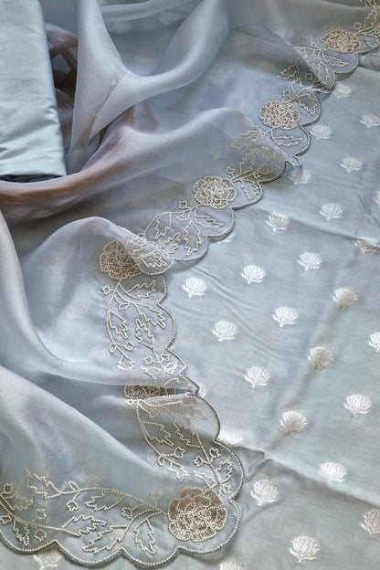 Stunning Grey Banarasi Chanderi Silk Suit with Cutdana Work & Organza Dupatta