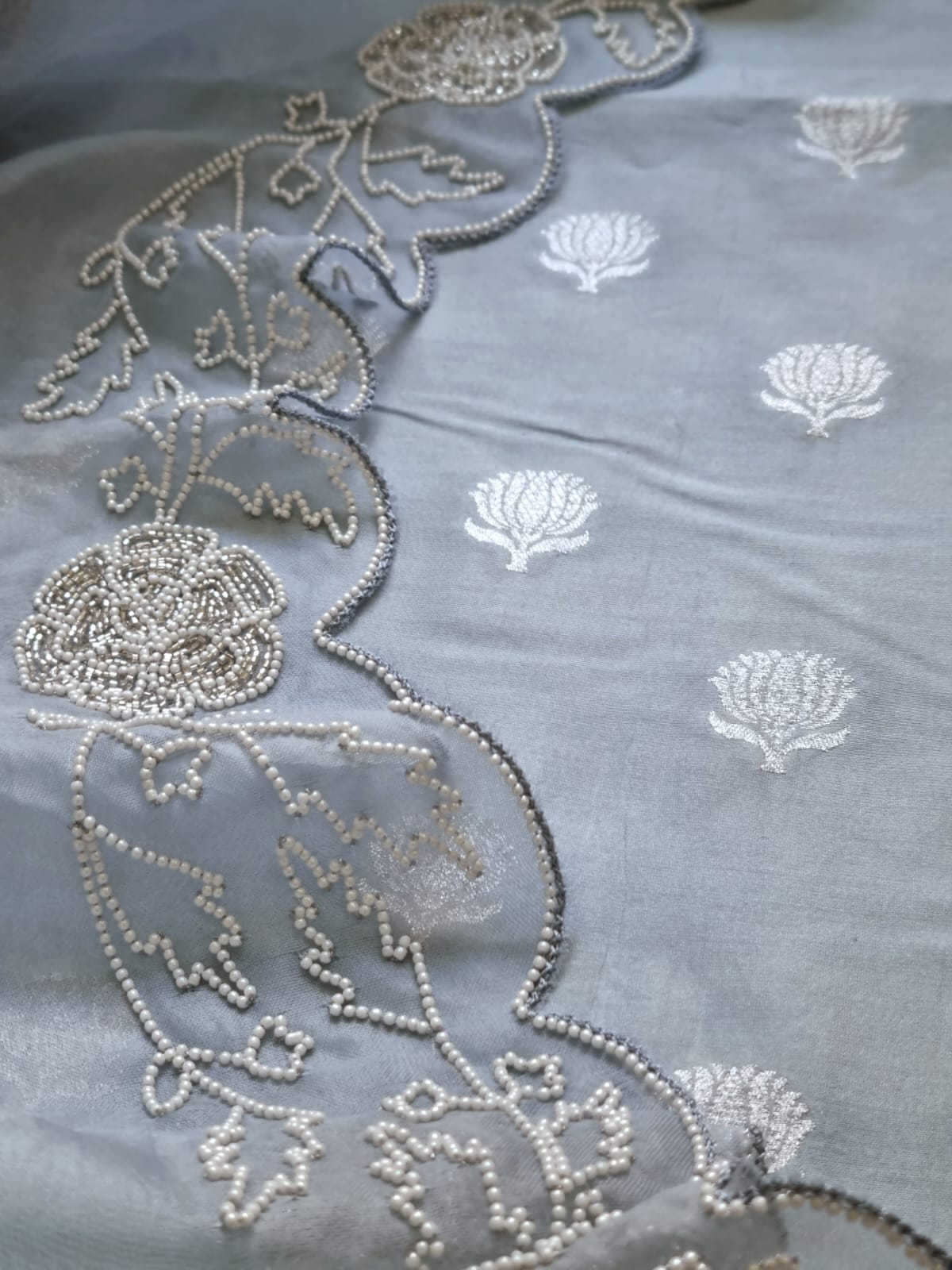 Stunning Grey Banarasi Chanderi Silk Suit with Cutdana Work & Organza Dupatta - Luxurion World