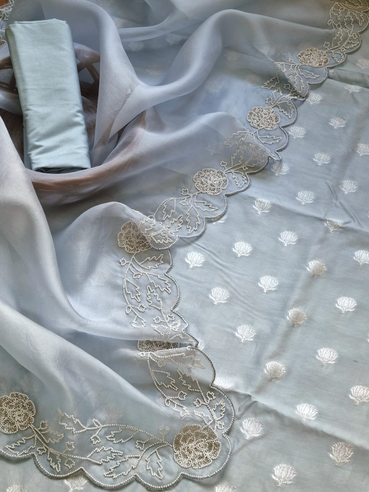 Stunning Grey Banarasi Chanderi Silk Suit with Cutdana Work & Organza Dupatta - Luxurion World