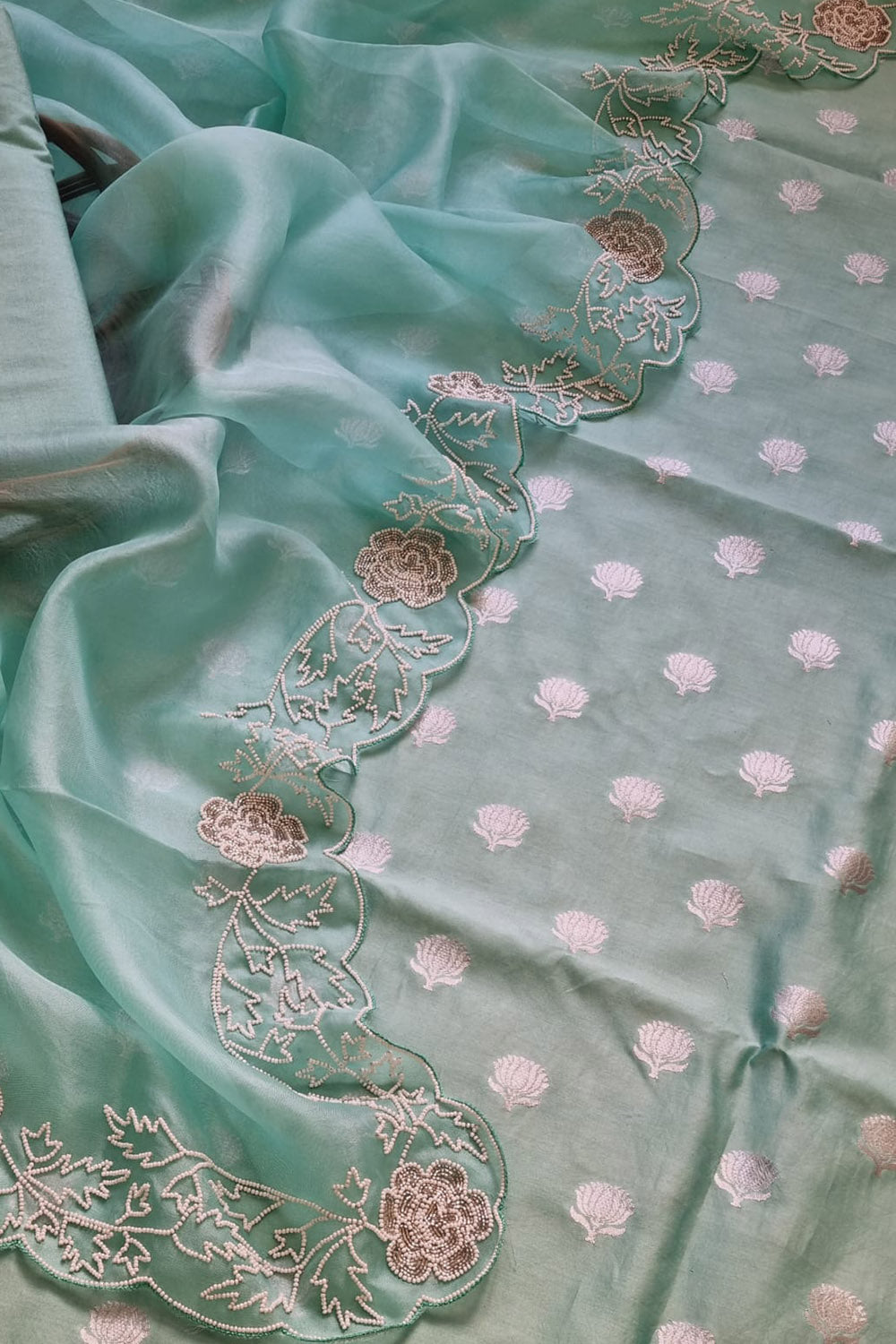 Blue Banarasi Chanderi Silk Suit Set With Embroidered Cutdana Work Organza Silk Dupatta - Luxurion World