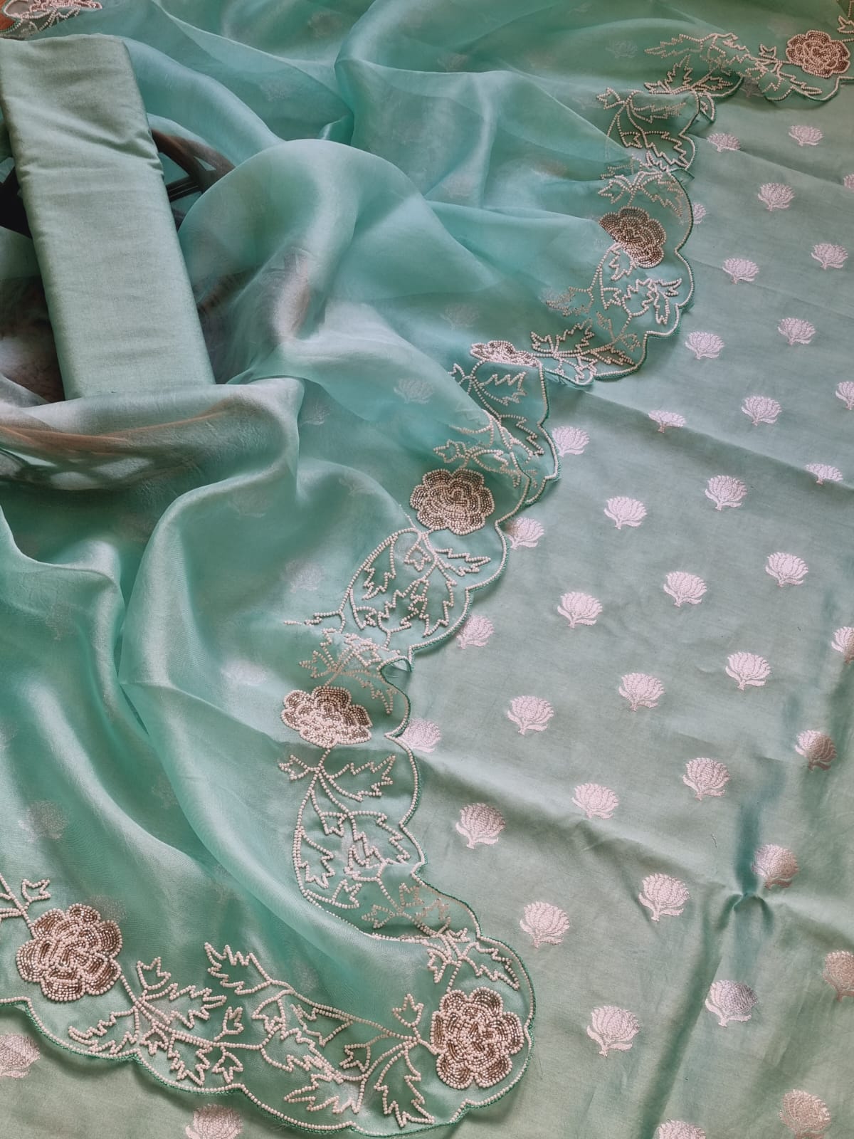 Blue Banarasi Chanderi Silk Suit Set With Embroidered Cutdana Work Organza Silk Dupatta - Luxurion World