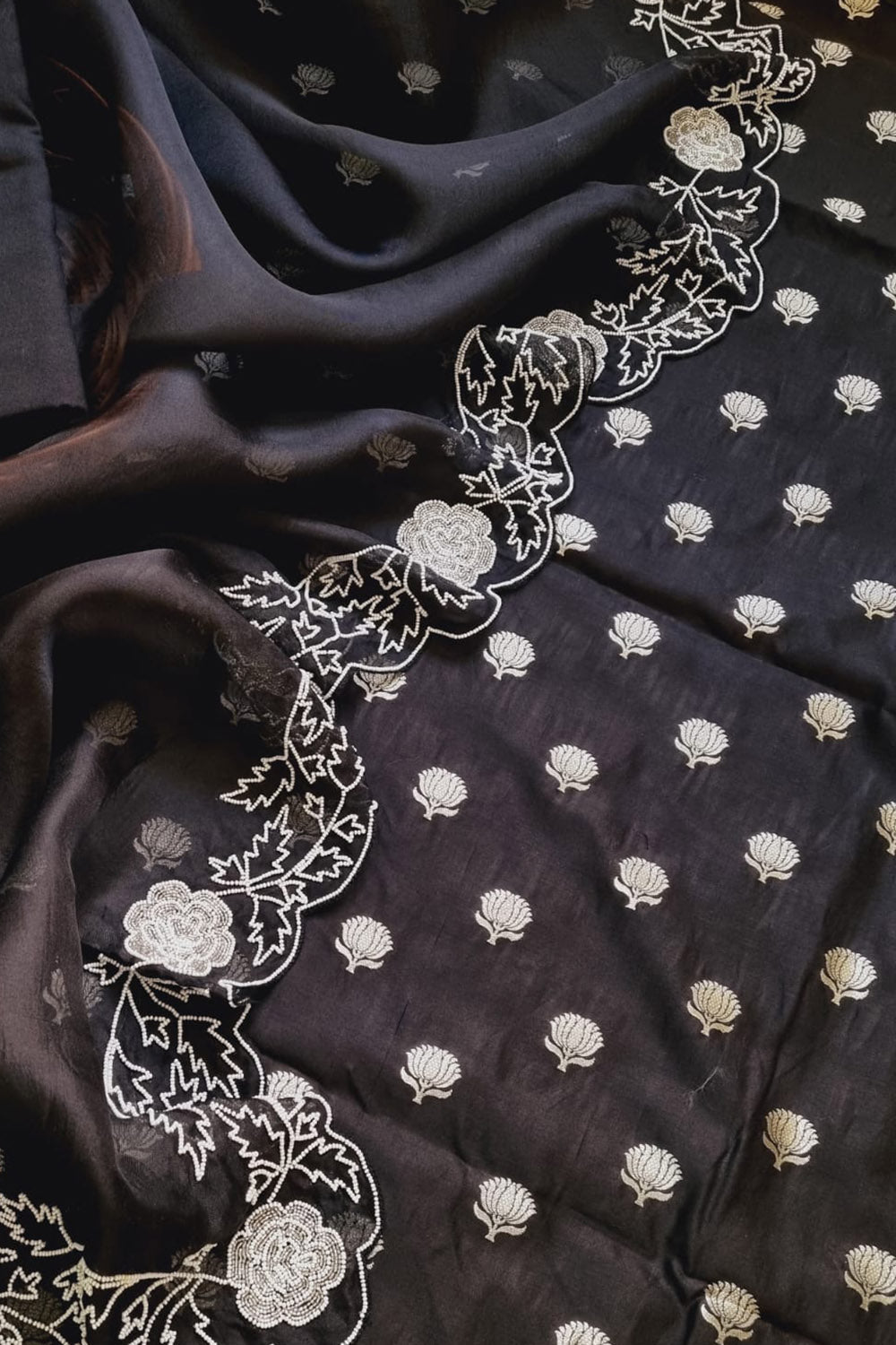 Stunning Black Banarasi Chanderi Silk Suit Set with Embroidered Cutdana Work and Organza Silk Dupatta - Luxurion World