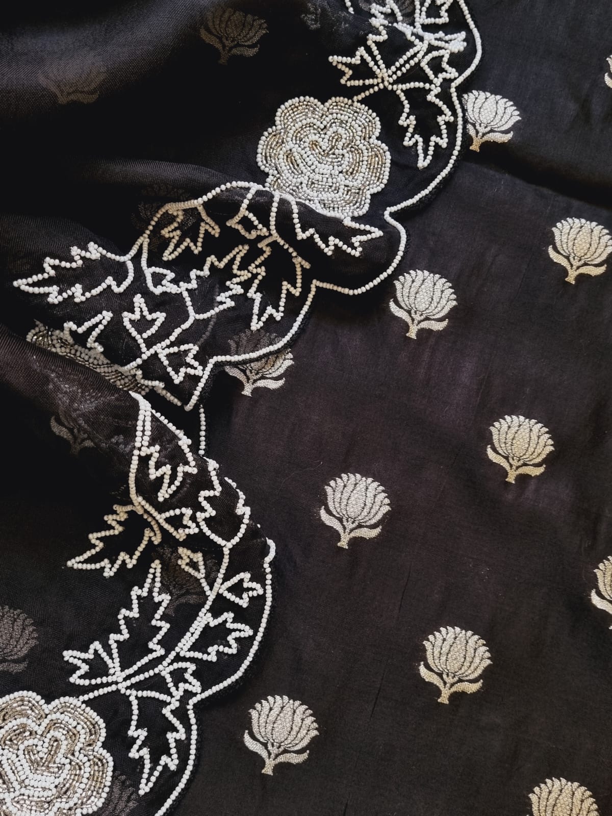 Stunning Black Banarasi Chanderi Silk Suit Set with Embroidered Cutdana Work and Organza Silk Dupatta