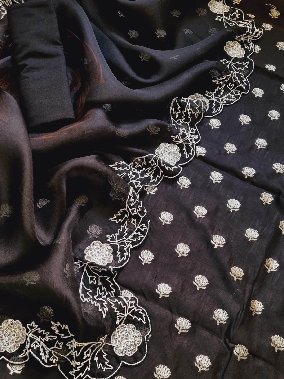 Stunning Black Banarasi Chanderi Silk Suit Set with Embroidered Cutdana Work and Organza Silk Dupatta
