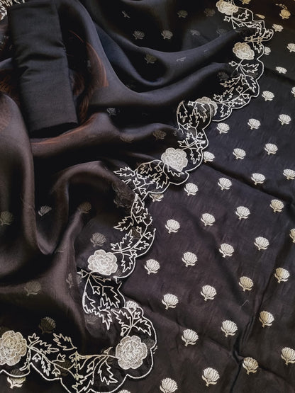 Stunning Black Banarasi Chanderi Silk Suit Set with Embroidered Cutdana Work and Organza Silk Dupatta - Luxurion World