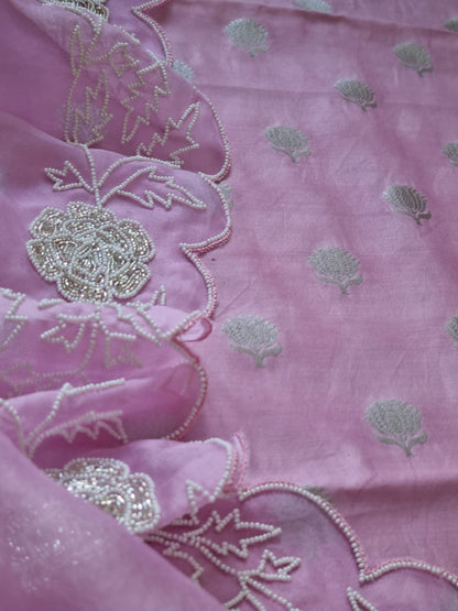Stunning Pink Banarasi Chanderi Silk Suit Set with Cutdana Embroidery & Organza Dupatta
