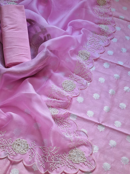 Stunning Pink Banarasi Chanderi Silk Suit Set with Cutdana Embroidery & Organza Dupatta - Luxurion World