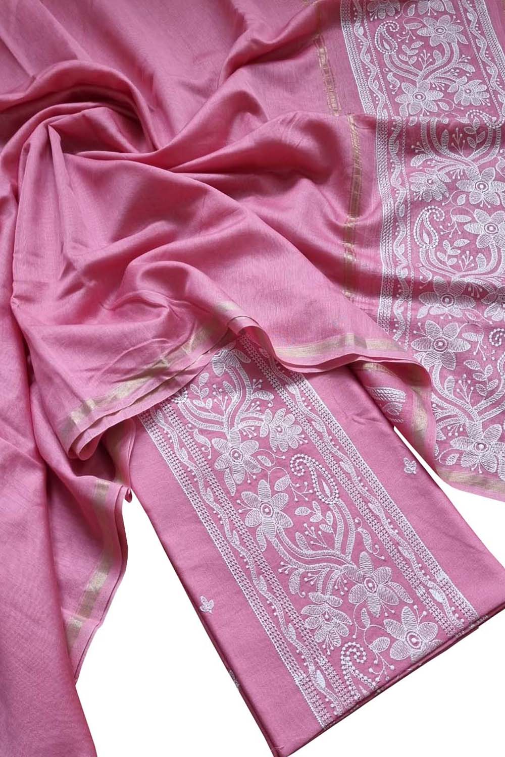 Pink Banarasi Embroidered Chanderi Silk Three Piece Unstitched Suit Set - Luxurion World