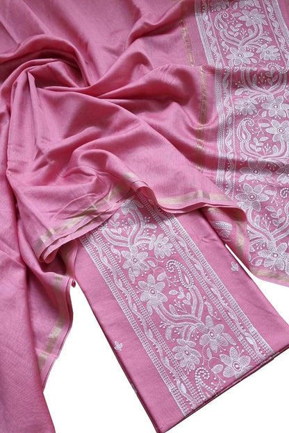 Pink Banarasi Embroidered Chanderi Silk Three Piece Unstitched Suit Set - Luxurion World