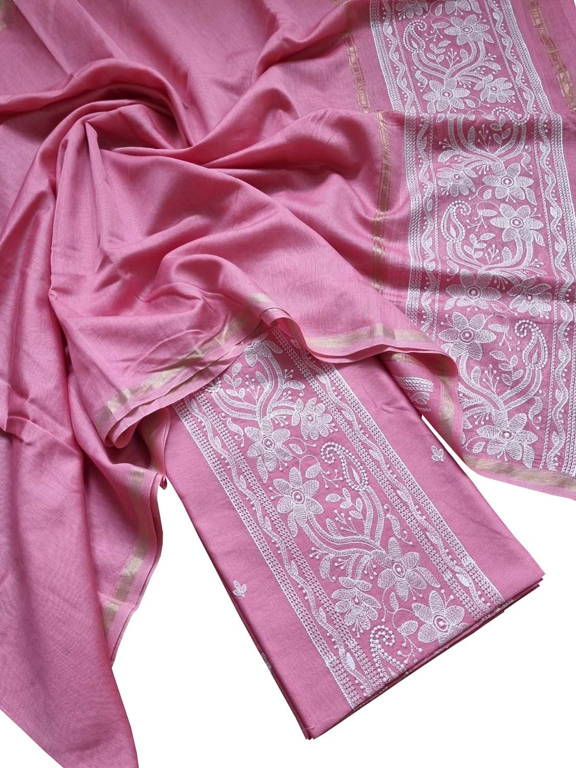 Pink Banarasi Embroidered Chanderi Silk Three Piece Unstitched Suit Set - Luxurion World