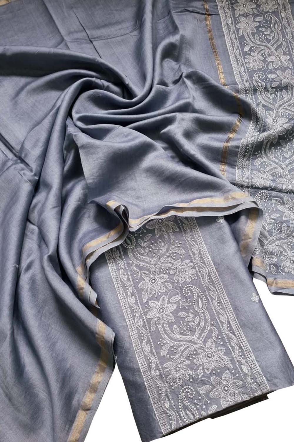 Grey Banarasi Embroidered Chanderi Silk Three Piece Unstitched Suit Set