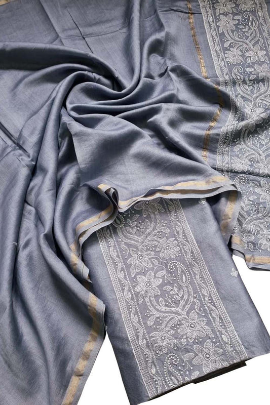 Grey Banarasi Embroidered Chanderi Silk Three Piece Unstitched Suit Set - Luxurion World