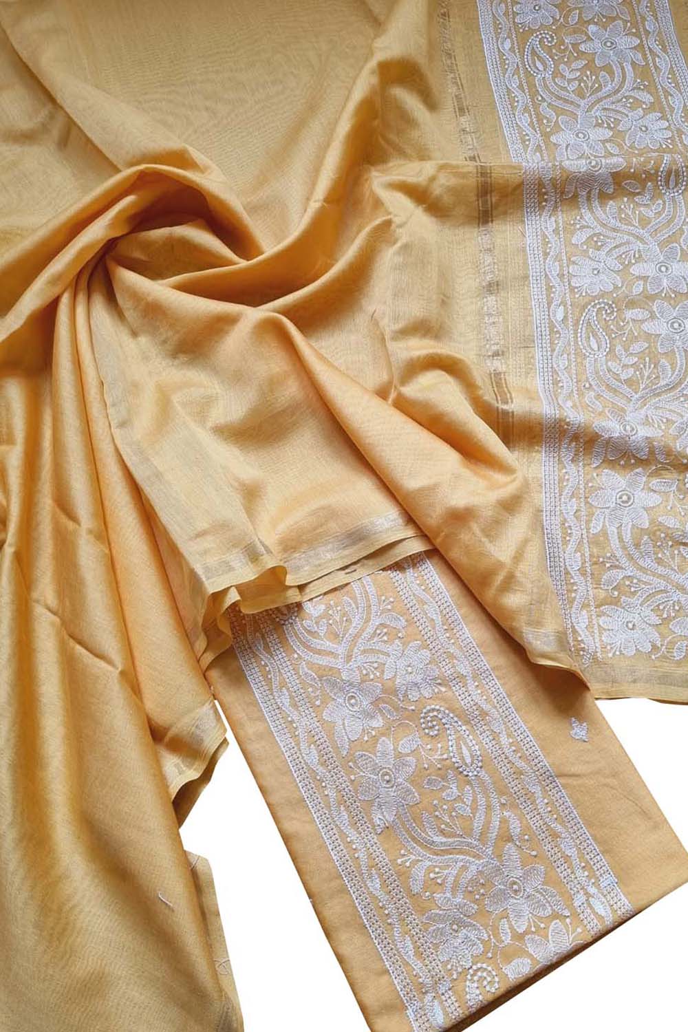 Yellow Banarasi Embroidered Chanderi Silk Three Piece Unstitched Suit Set - Luxurion World