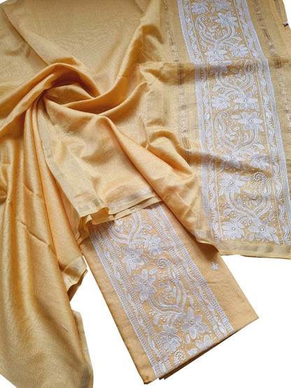 Yellow Banarasi Embroidered Chanderi Silk Three Piece Unstitched Suit Set
