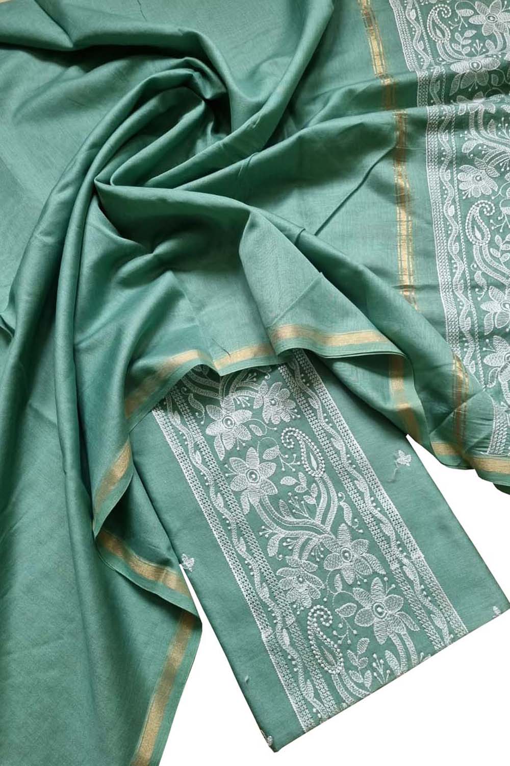 Green Banarasi Embroidered Chanderi Silk Three Piece Unstitched Suit Set